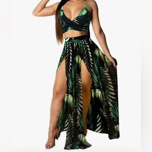 Leaf Print Halter Top and Skirt Set